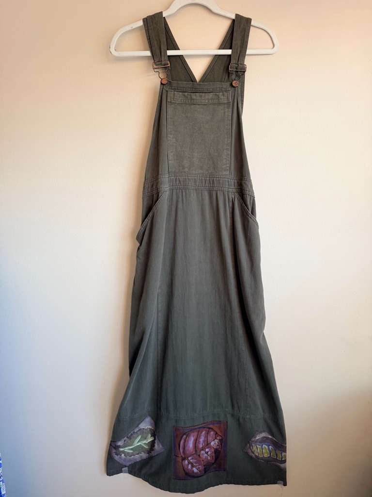 Vintage 1998 Blue Fish Women's Overall Apron Dress Painted W/Pockets Us Cotton 0